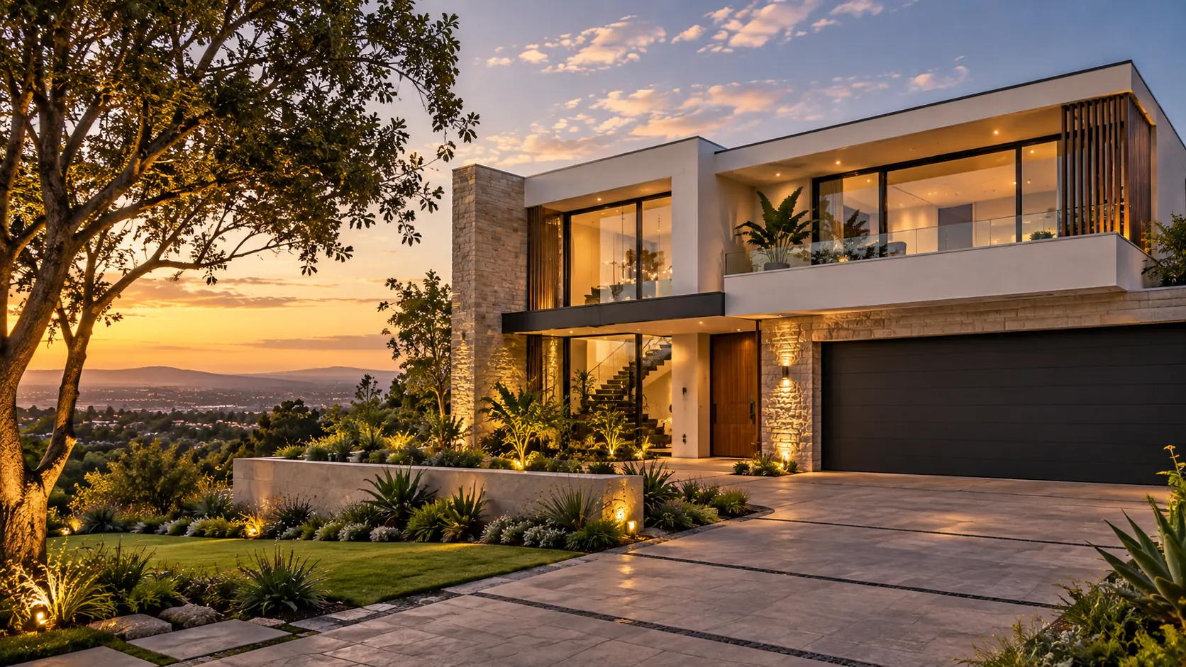 A modern South African home at sunset