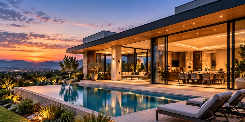 A villa with an infinity pool at sunset
