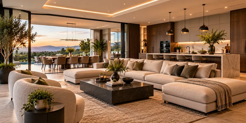 A sunlit open-plan living room and kitchen